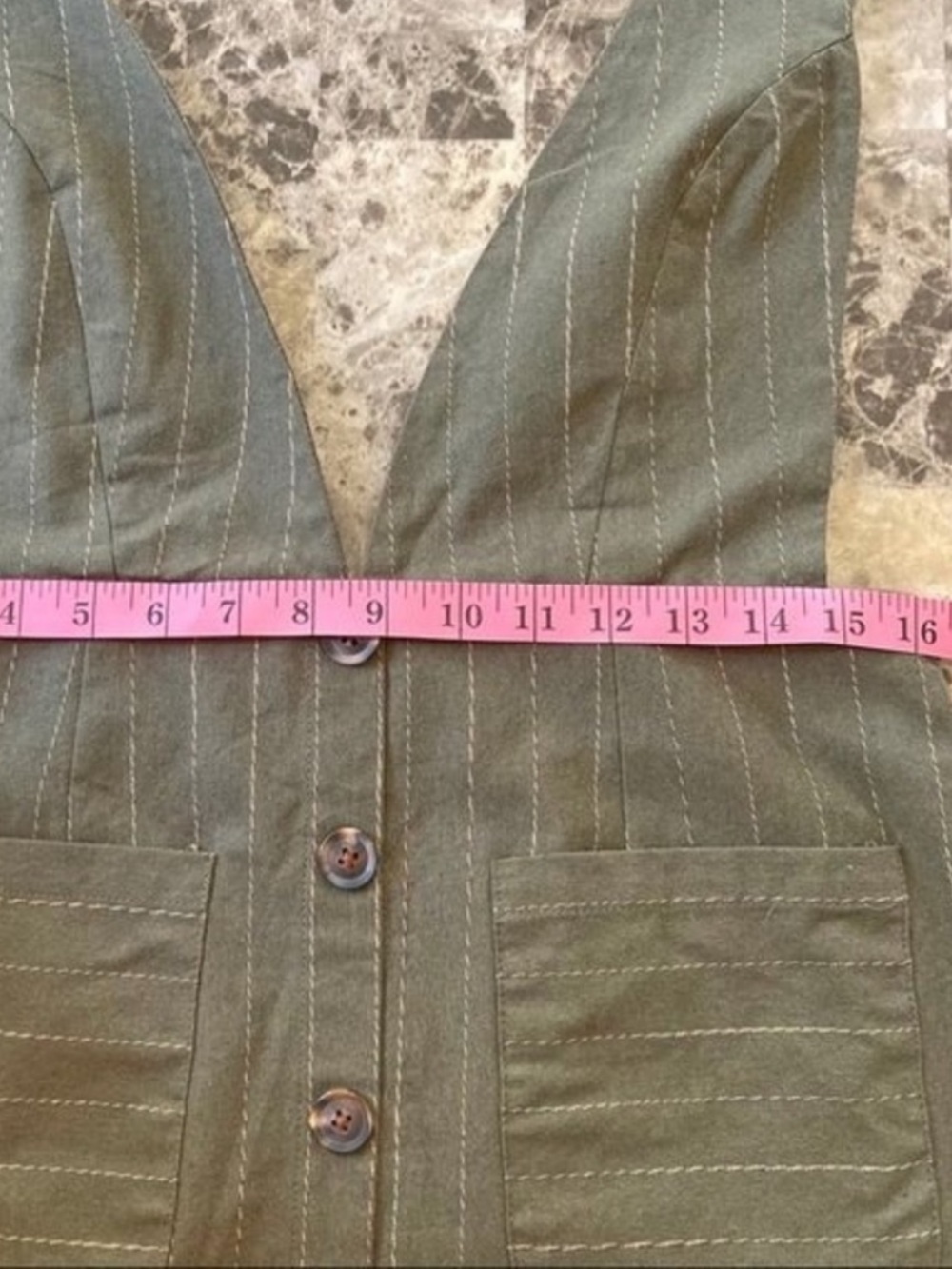 Hayden Jumper Pinafore Olive Green Pinstripe Overall Dress Buttons 100% Cotton - Picture 6 of 14